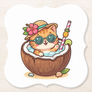 Cute Kawaii Kokosnoot Kat Zonnebril Zomer BSticker Kartonnen Onderzetters