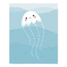 Cute kawaii kwal zwemmend in zachte blauwe golven