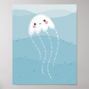 Cute kawaii kwal zwemmend in zachte blauwe golven poster