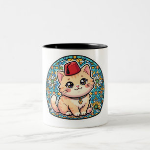 Cute Kawaii Marokkaanse Kat met Rood Tarboush Stic Tweekleurige Koffiemok