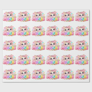 Cute Kawaii Mochi Kat Naam Pastel Roze Glitterend Cadeaupapier
