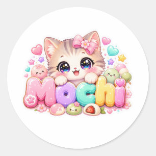 Cute Kawaii Mochi Kat Naam Pastel Roze Glitterend Ronde Sticker