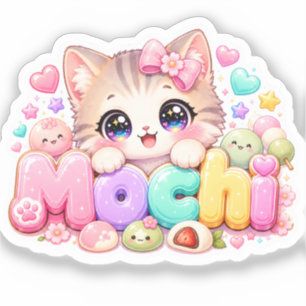 Cute Kawaii Mochi Kat Naam Pastel Roze Glitterend Sticker
