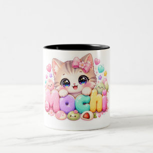 Cute Kawaii Mochi Kat Naam Pastel Roze Glitterend Tweekleurige Koffiemok