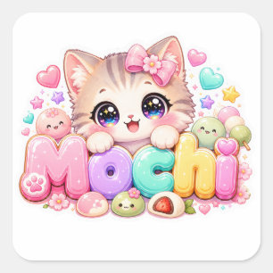 Cute Kawaii Mochi Kat Naam Pastel Roze Glitterend Vierkante Sticker