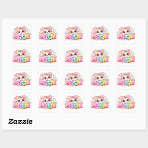 Cute Kawaii Mochi Kat Naam Pastel Roze Glitterend Vierkante Sticker