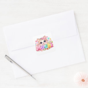 Cute Kawaii Mochi Kat Naam Pastel Roze Glitterend Vierkante Sticker