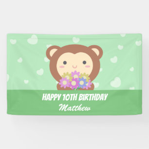 Cute Kawaii Monkey en Flowers Happy Birthday Spandoek