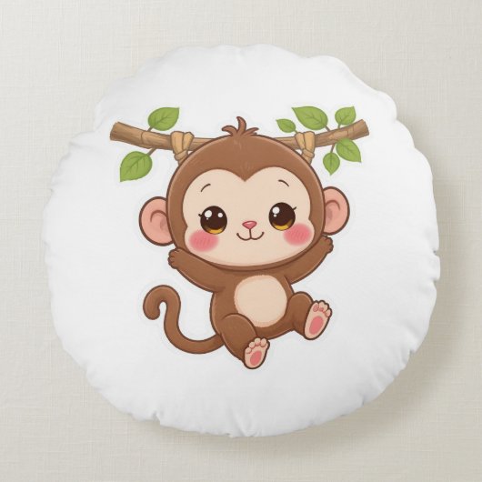 Cute Kawaii Monkey Rond Kussen (Voorkant)