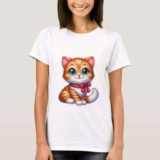 Cute Kawaii Orange Kitten Red Plaid Bow Magic Cat T-shirt (Voorkant)