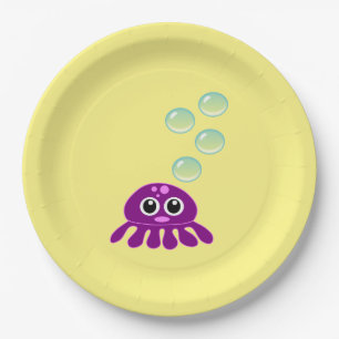 Cute Kawaii Paarse Jellyfish with Blue Bubbles Papieren Bordje