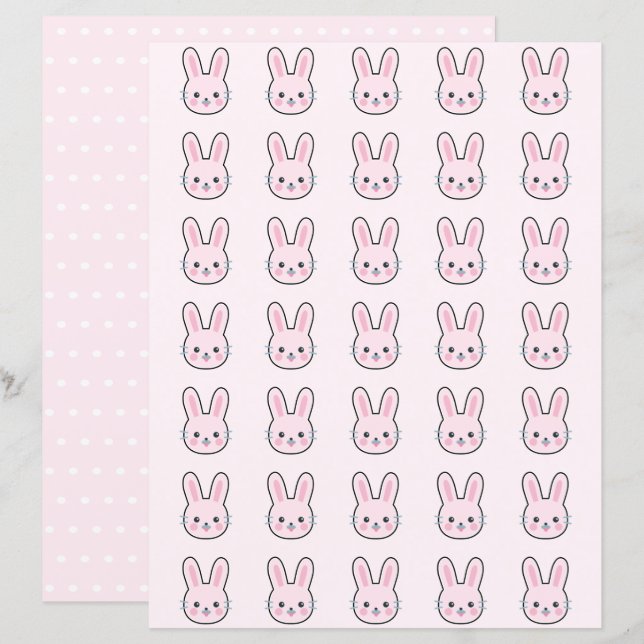 Cute Kawaii Pink Bunny Polka Dots Scrapbook Paper (Voorkant / Achterkant)