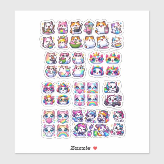 Cute Kawaii Rainbow Cat Stickers – Adorable Gamer  (Feuille)