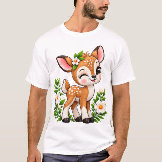 Cute Kawaii Ree Florale Borduurwerk Stijl T-Shirt