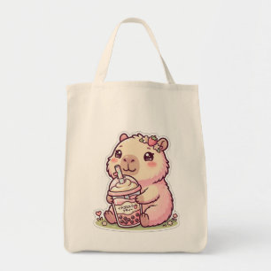Cute Kawaii Roze Capybara die Boba-thee drinkt Tot Tote Bag