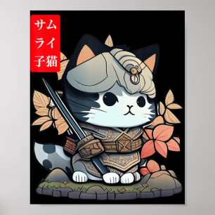 Cute Kawaii Samurai Warrior Kawaii Cat Japans Poster