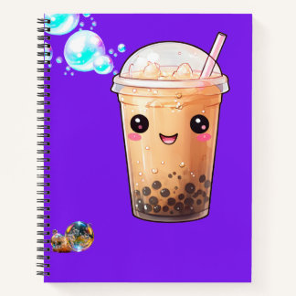 Cute Kawaii Smiling Boba Tea on Purple  Notitieboek