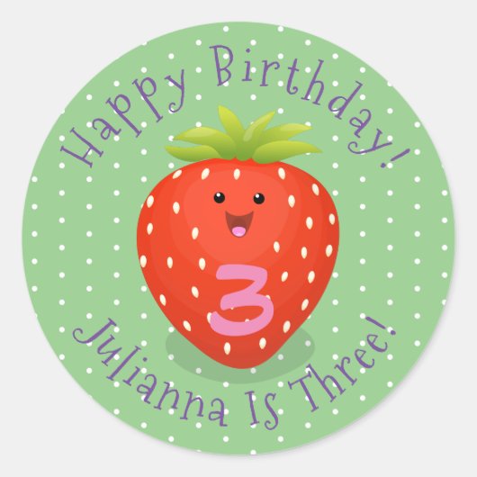 Cute kawaii strawberry cartoon illustration ronde sticker (Voorkant)