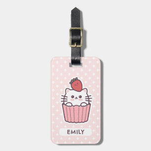 Cute Kawaii Strawberry Cat Cupcake Cartoon Bagagelabel