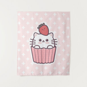 Cute Kawaii Strawberry Cat Cupcake Cartoon Wandkleed