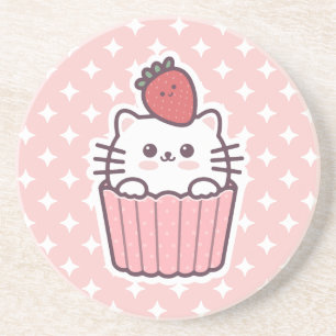Cute Kawaii Strawberry Cat Cupcake Cartoon Zandsteen Onderzetter