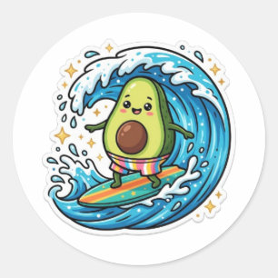 Cute Kawaii Surfende Avocado Oceaangolf ZomerStick Ronde Sticker