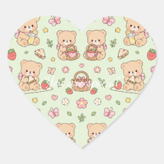 Cute Kawaii Teddy Bear Strawberry Picnic Pattern Hart Sticker