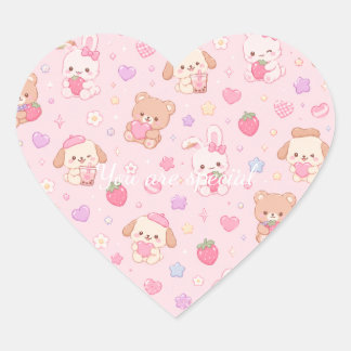 Cute Kawaii Teddy Bears & Strawberries Pattern Hart Sticker