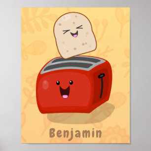 Cute kawaii toast and red toaster cartoon poster