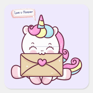 Cute Kawaii Unicorn Love Illustration Vierkante Sticker
