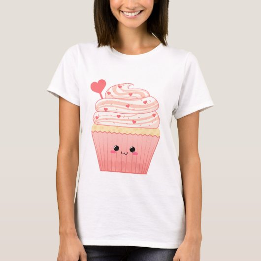 Cute kawaii Valentijnse hartroze Cupcake T-shirt (Voorkant)