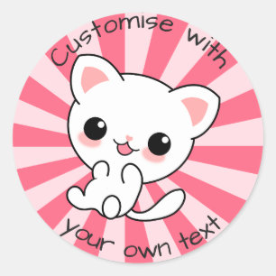 Cute kawaii White Cat Custom Roze Ronde Sticker