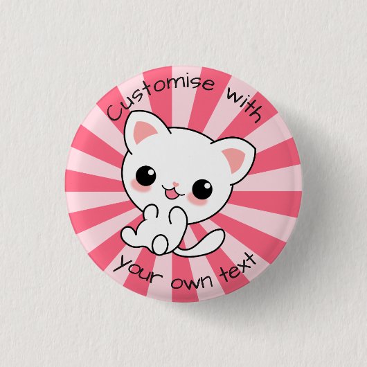 Cute kawaii White Cat Custom Text Roze Ronde Button 3,2 Cm (Voorkant)