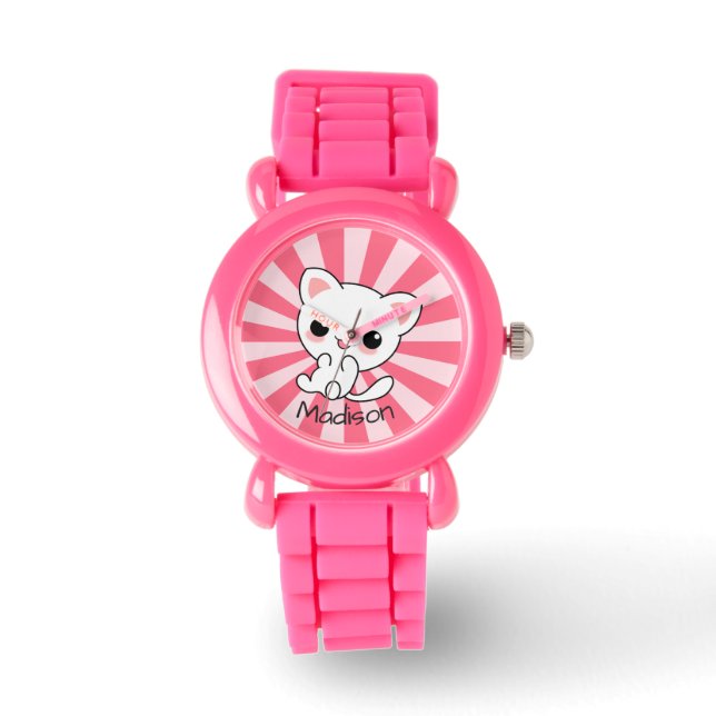 Cute kawaii White Cat Personalized Horloge (Voorkant)