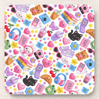 Cute Kawaii Y2K Aesthetic Naadloos Patroon – Roze Bier Onderzetter