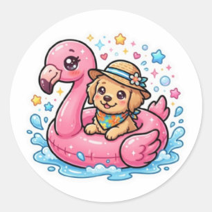 Cute Kawaii Zomer Puppies Flamingo Zwembad FloatSt Ronde Sticker