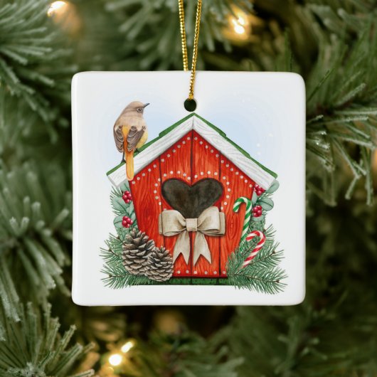 Cute kerst Birdhouse Keramisch Ornament (Boom)