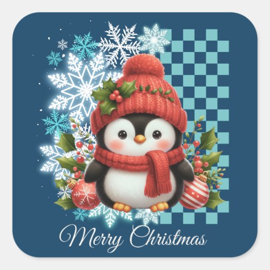 Cute kerst Penguin Vierkante Sticker (Voorkant)