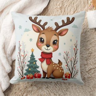 Cute Kerst Rendier Scene Besneeuwd Bos Kussen