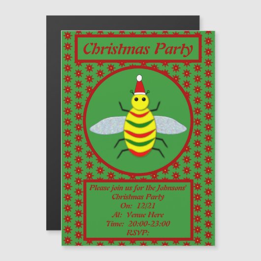 Cute Kerstbee en Poinsettia Flowers Custom Magnetische Uitnodiging (Voorkant / Achterkant)