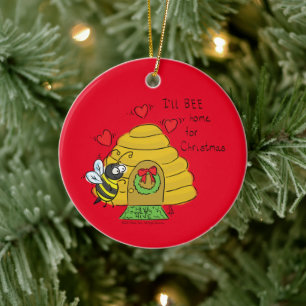Cute Kerstbee Funny Holiday Cartoon Keramisch Ornament
