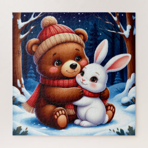 Cute Kerstbeer Konijn Knus Huis Cadeau Legpuzzel