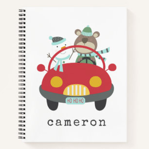 Cute Kerstbeer Sneeuwman Rode Auto Aangepaste Naam Notitieboek