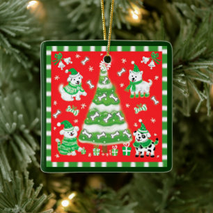Cute Kerstboom en Puppies met Botten Keramisch Ornament