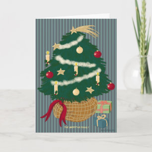 Cute kerstboom op een gestreepte achtergrond. Aanp Feestdagen Kaart
