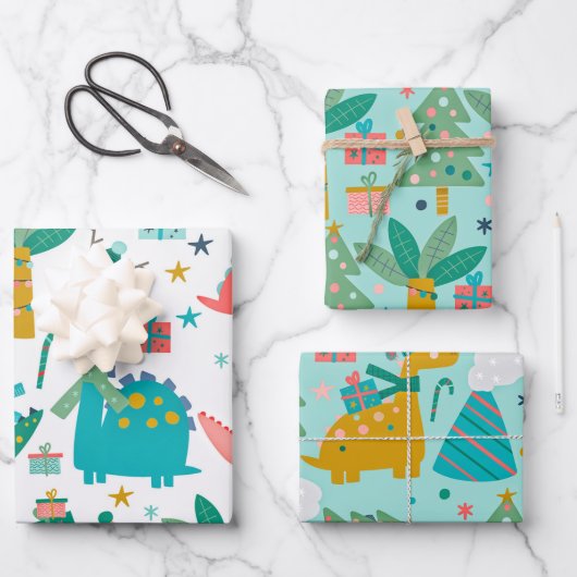 Cute Kerstdinosaurus Pattern Inpakpapier Vel (Voorkant)