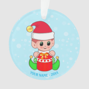 Cute Kerstmis Baby Elf, Aangepaste naam op lichtbl Ornament