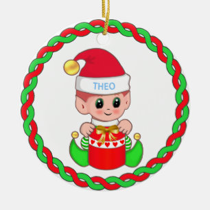 Cute Kerstmis Baby Elf en Green Red Garland Keramisch Ornament
