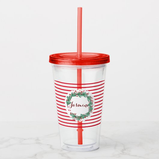 Cute Kerstmis Berry Wreated Custom Monogram Acryl Drinkbeker (Voorkant)