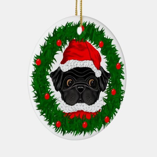 Cute Kerstmis Black Pug Santa in Wreate Keramisch Ornament (Rechts)